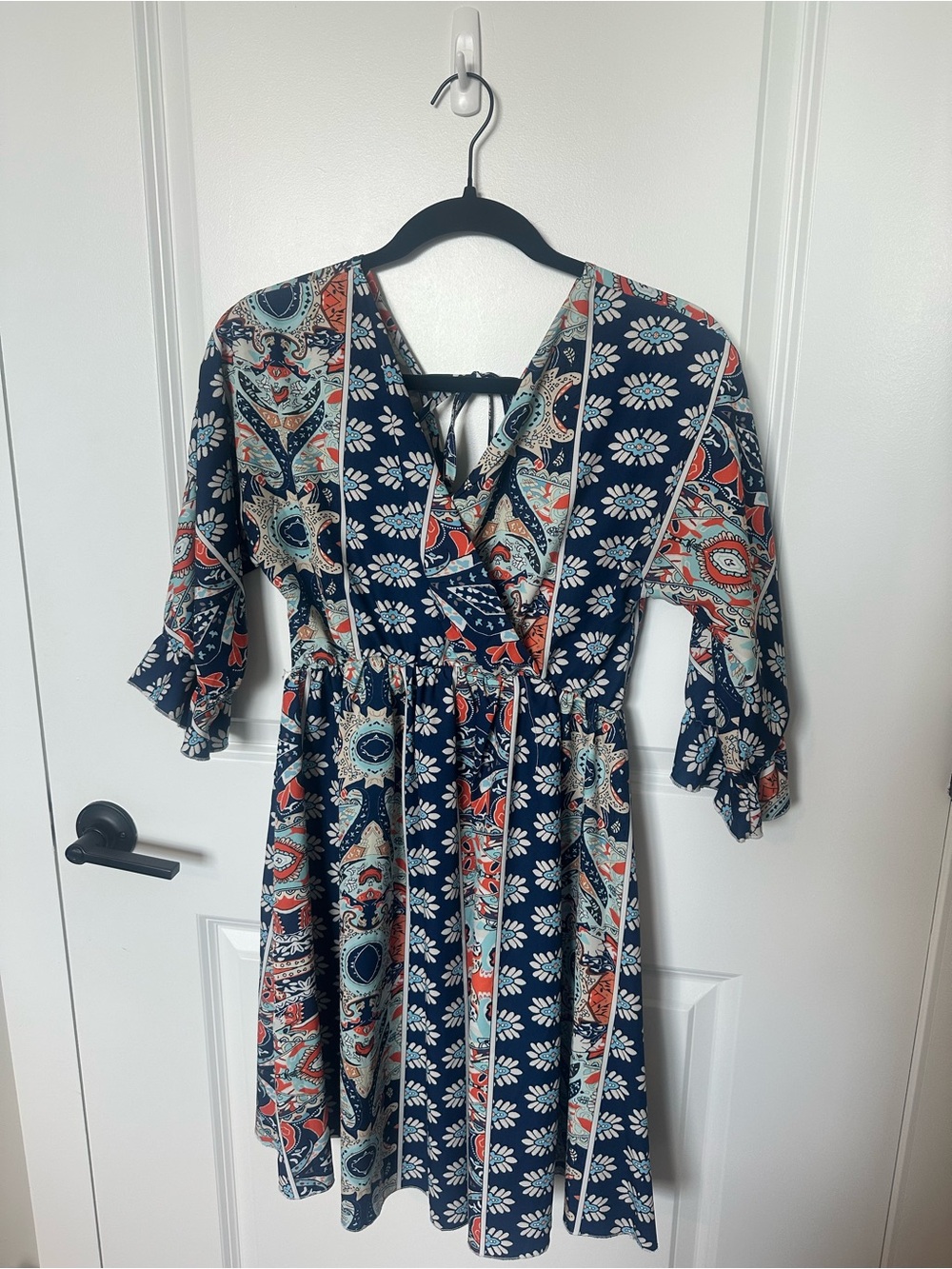 Navy Floral Paisley Wrap-Style Women’s Dress